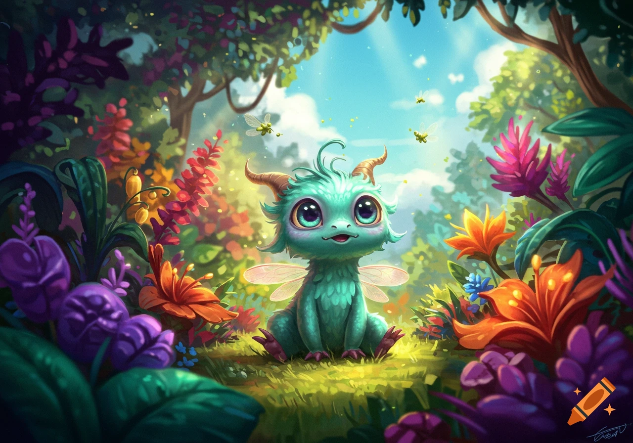 A cute, teal, horned creature with big eyes and tiny wings sits in a vibrant, colorful fantasy forest with glowing fireflies.