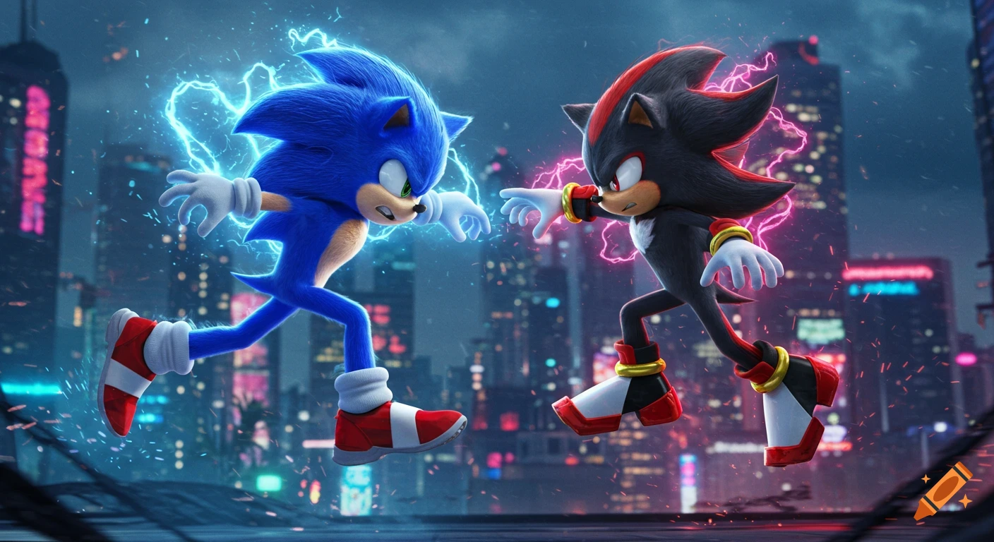 Sonic and Shadow, surrounded by blue and pink lightning, face off on a rooftop against a cyberpunk city background at night.