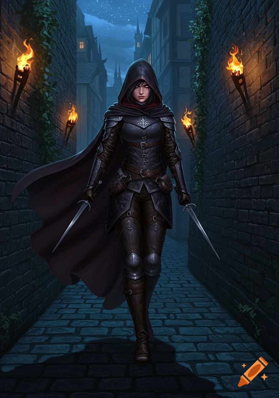 A hooded female rogue in dark armor holding daggers stands in a torchlit alley at night, fantasy art style.