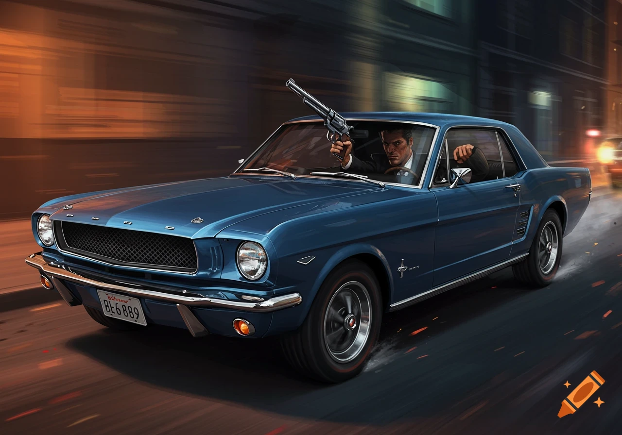 A blue vintage Ford Mustang races down a city street at night, driven by a man in a suit holding a revolver.