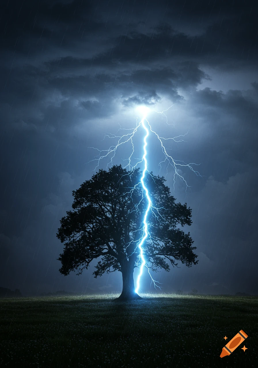 A silhouetted tree on a grassy field is struck by a bright blue lightning bolt during a dark, stormy, rainy night.