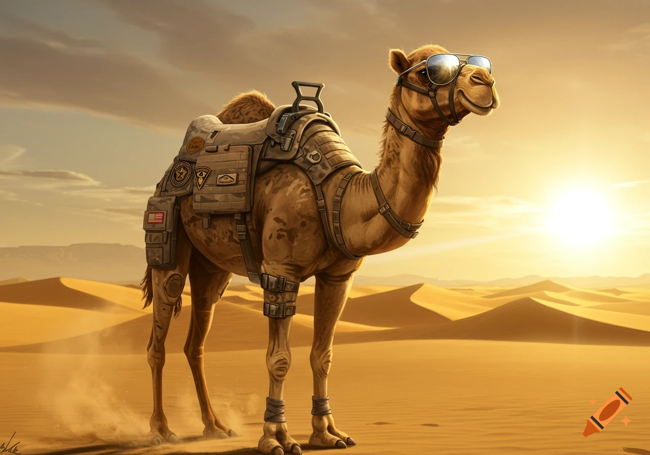 A majestic camel wearing aviator sunglasses and military gear stands in a sunlit desert.