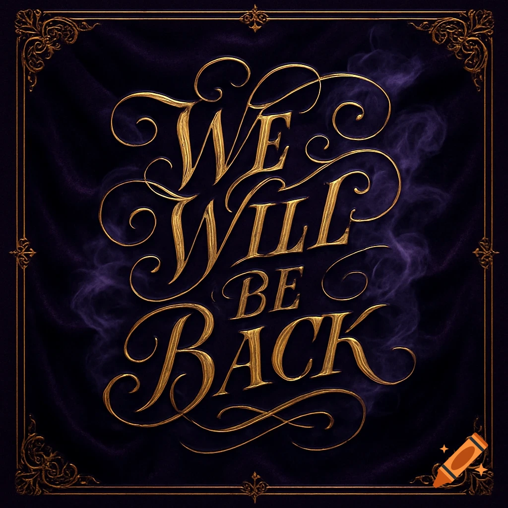 Ornate gold text 'WE WILL BE BACK' on a dark purple smoky background with a decorative gold border.