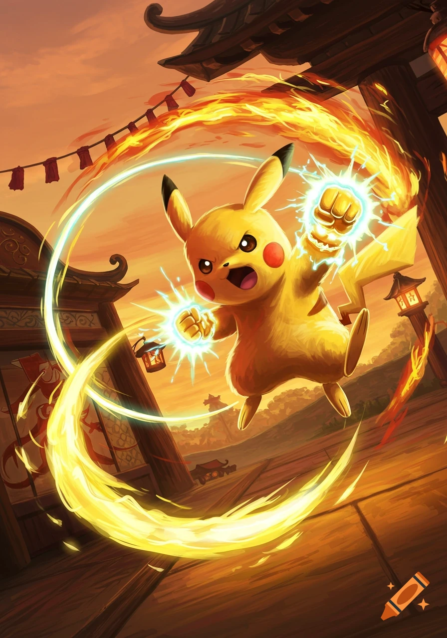 Pikachu in an action pose, surrounded by electric and fire energy, against a Japanese temple background at sunset.