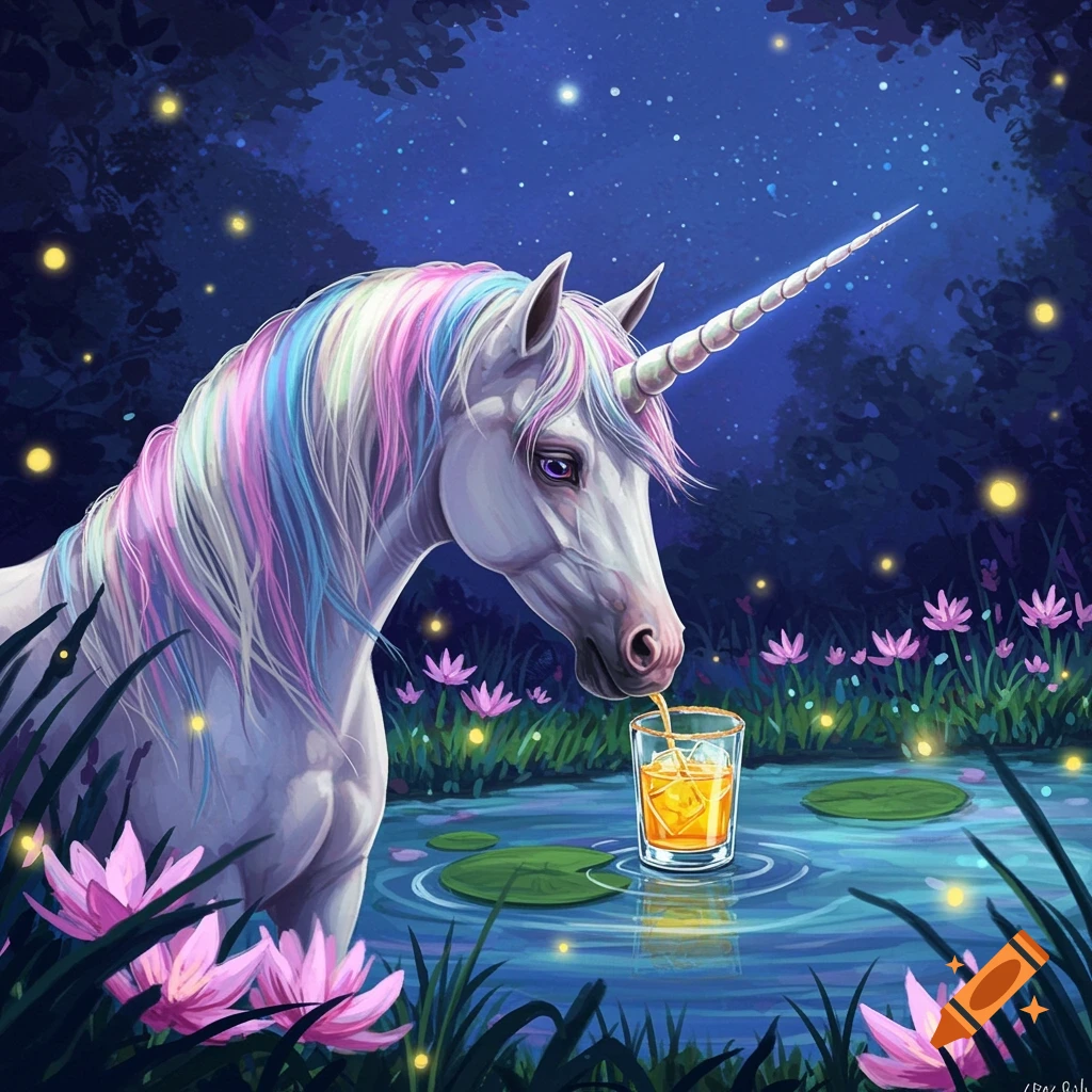 A white unicorn with a rainbow mane and horn drinks from a glass in a mystical, moonlit forest with glowing fireflies and pink water lilies.