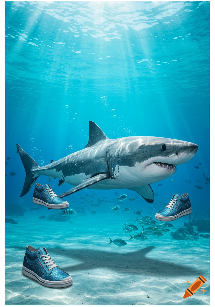 A large great white shark swims underwater, with three pairs of sparkly blue high-top sneakers floating around it on the sandy ocean floor.