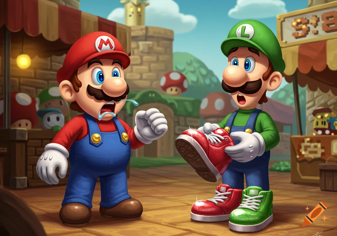 Cartoon Mario drooling while looking at Luigi holding a shiny red shoe, with a green shoe on the ground in a marketplace.