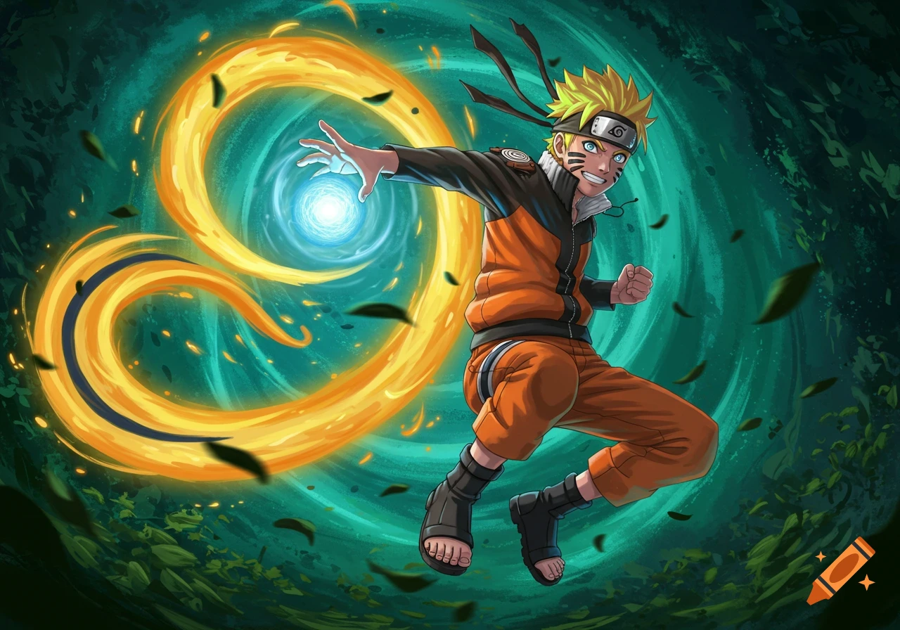 Naruto Uzumaki in his signature orange and black outfit, mid-air with a glowing blue orb and swirling golden energy, against a dark green background.