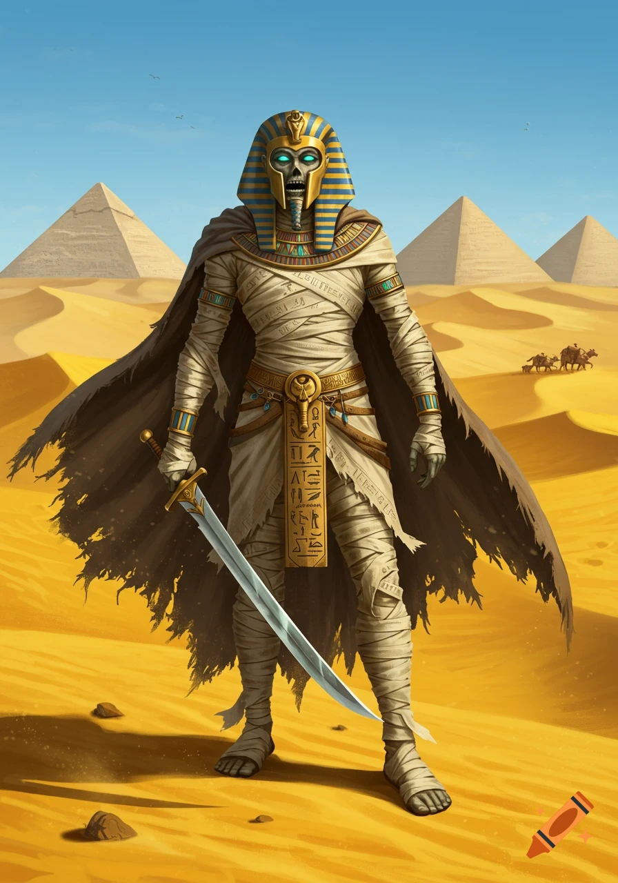 A mummified warrior wearing a golden pharaoh's headdress and tattered cloak, holding a sword in a desert landscape with pyramids.