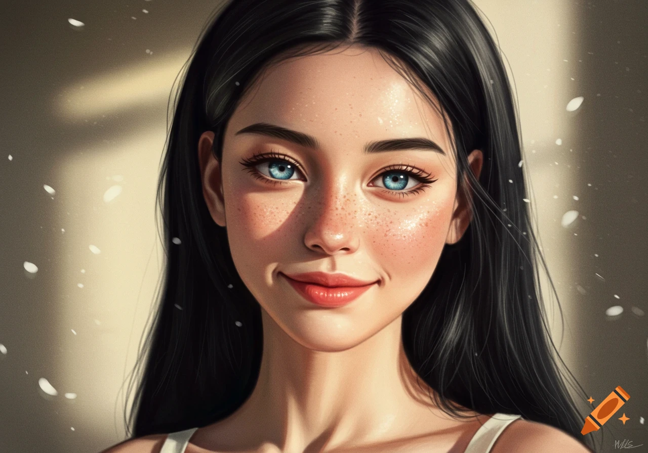 Digital art portrait of a young woman with long black hair, blue eyes, and freckles, smiling in sunlight.