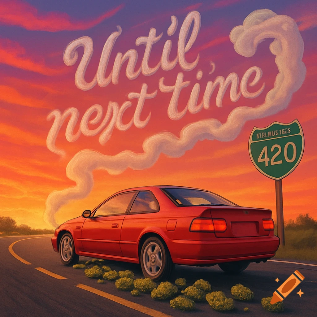 A red 2-door coupe drives into a sunset, leaving a trail of weed nugs on the road. A sign reads '420', and smoke forms the text 'Until next time' in the sky.