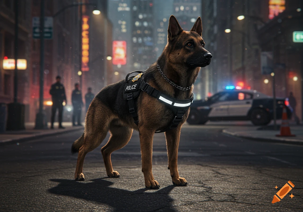 A realistic German Shepherd police dog in a harness stands on a city street at night, with a police car and officers in the background.