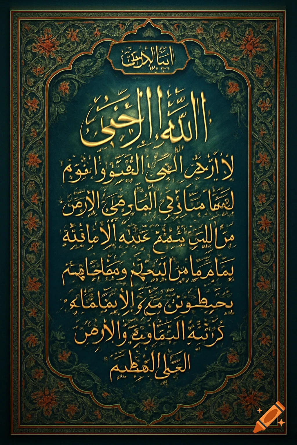 Golden Arabic calligraphy of Ayat al-Kursi on a dark teal background with an ornate gold and green floral border, in an artistic, textured style.