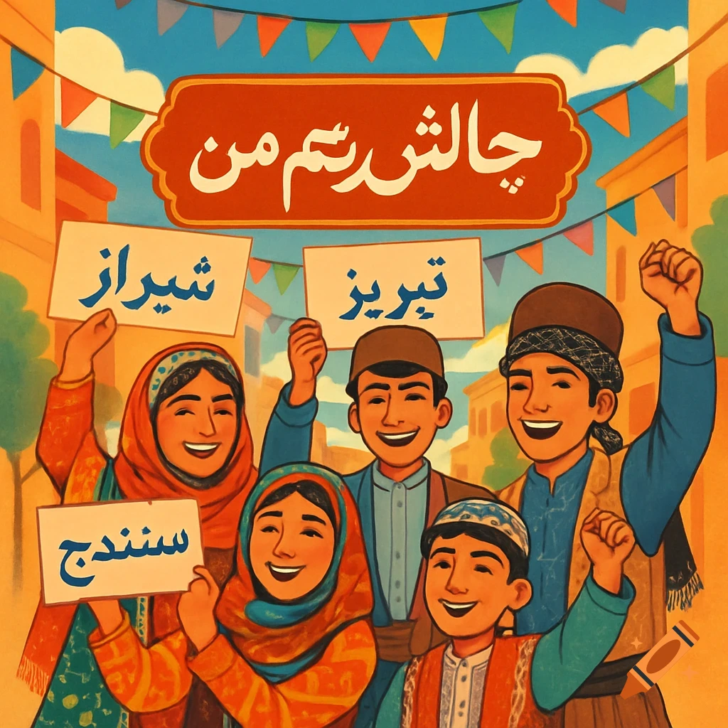 A vibrant illustration of diverse Iranian youths in traditional clothing, smiling and holding signs with city names (Shiraz, Tabriz, Sanandaj) in a festive street scene with flags. A large sign above reads 'My Culture Challenge' in Farsi.