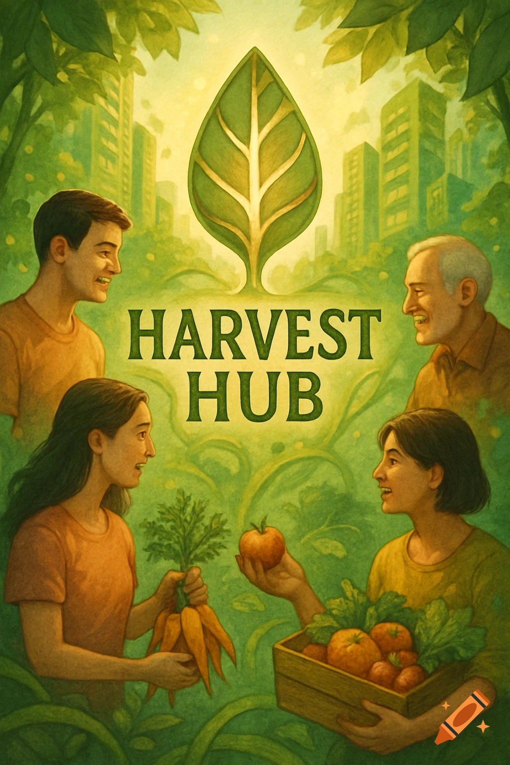 Stylized illustration of four smiling people with produce, a leaf logo, and city promoting 'Harvest Hub'.