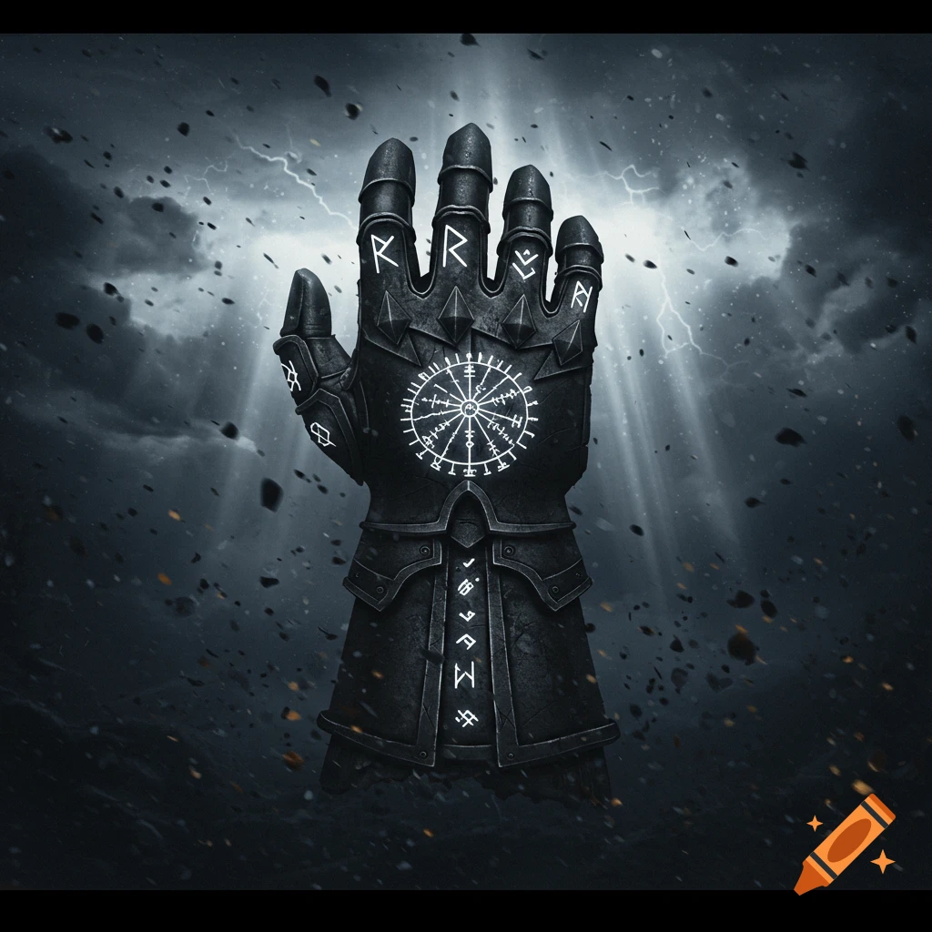 A dark armored gauntlet with glowing white runes and symbols, punching upwards against a stormy, lightning-filled sky.