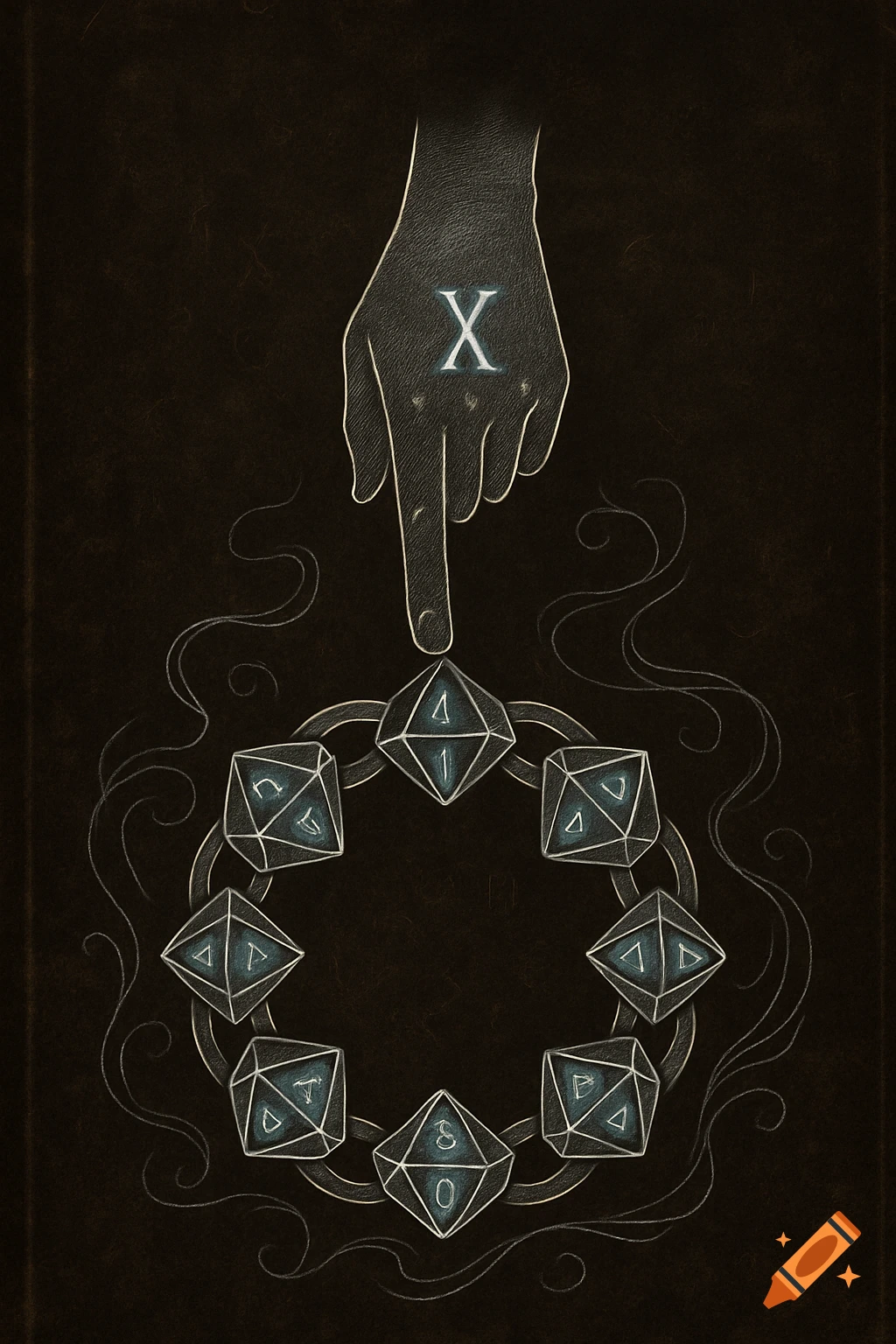 A stylized hand with a glowing 'X' points to a circle of ten d10 dice with glowing runes on a dark, textured background.