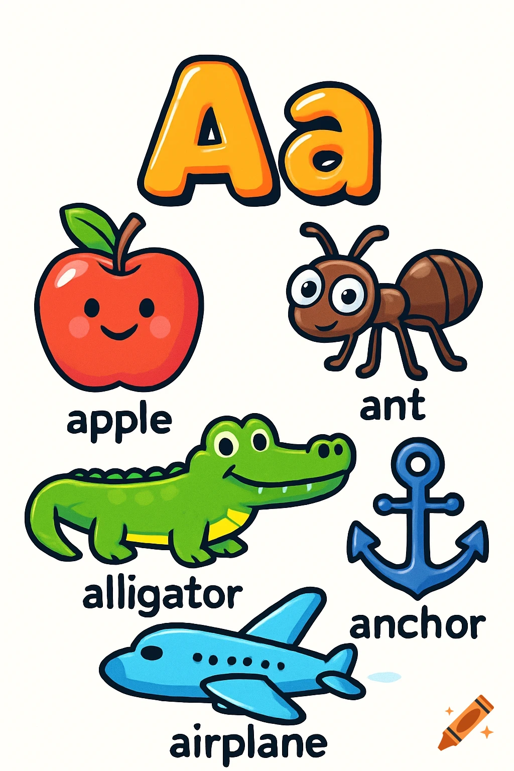 A colorful educational poster for toddlers featuring the letter A, an apple, an ant, an alligator, an anchor, and an airplane.