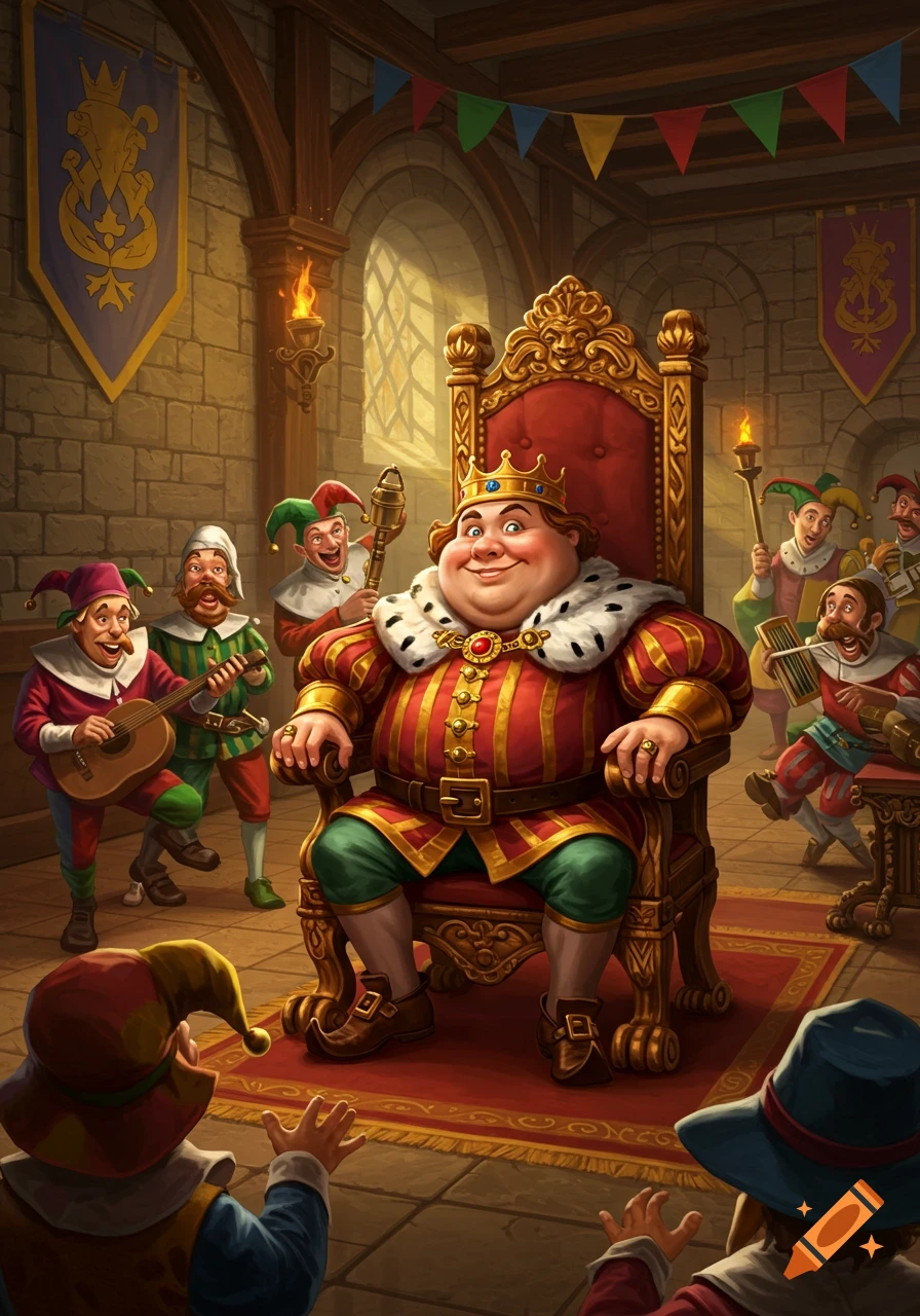 A jovial, plump king on a golden throne in a castle hall, surrounded by jesters and musicians. Vibrant cartoon art.