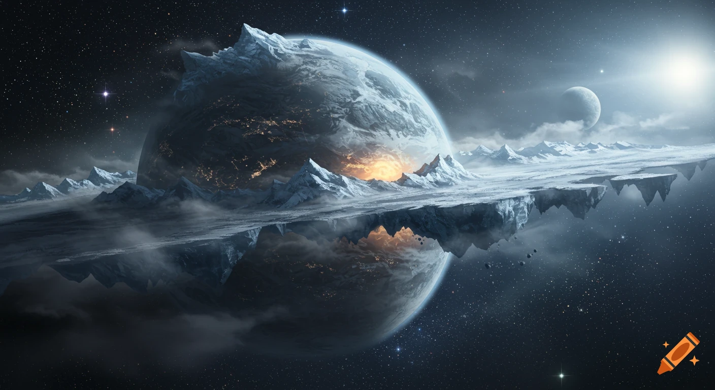 A detailed sci-fi image of a cold, icy planet with glowing cities, surrounded by floating icy landmasses under a star-filled sky.