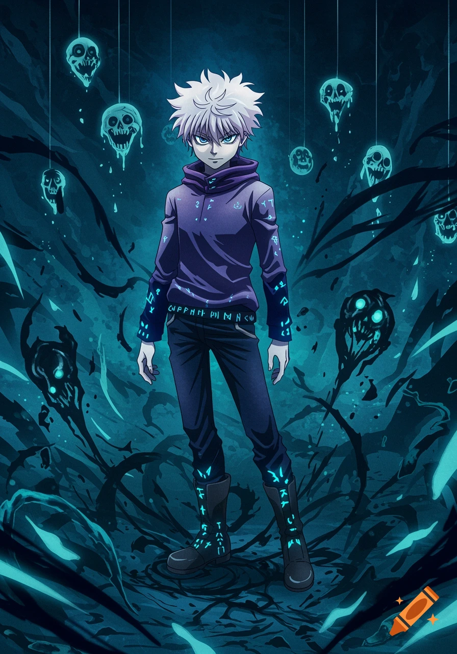 Anime character Killua Zoldyck in a dark, ominous setting with glowing skulls, rendered in a JJK-inspired style.