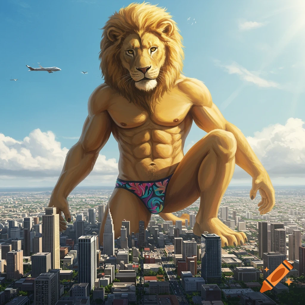 Photorealistic giant anthropomorphic lion in a colorful speedo crouching over a city with a plane flying in the background.