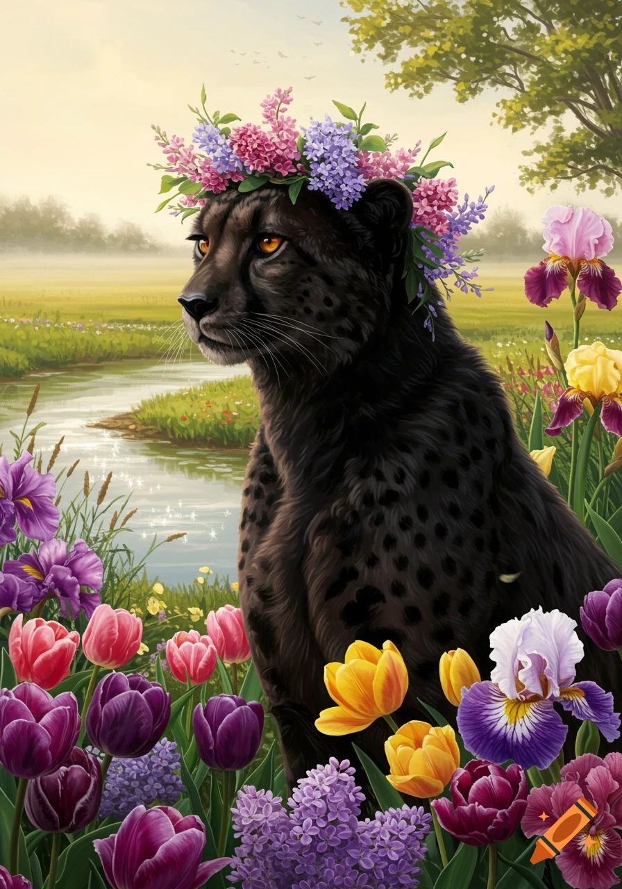 A black panther wearing a flower crown sits among colorful tulips, irises, and lilac next to a sparkling river in a field.