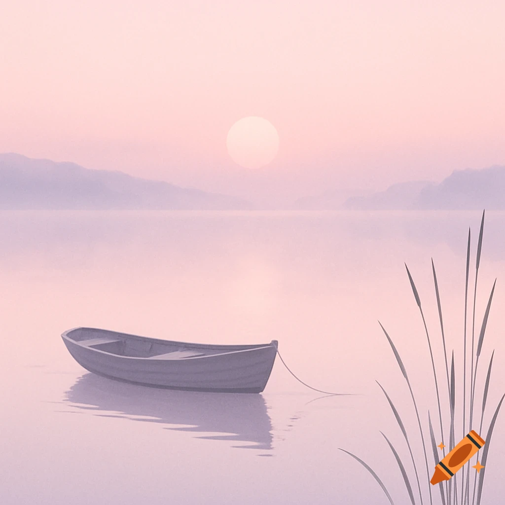 A small boat floats on a misty, calm lake at sunrise, with mountains in the distance and tall reeds to the right.