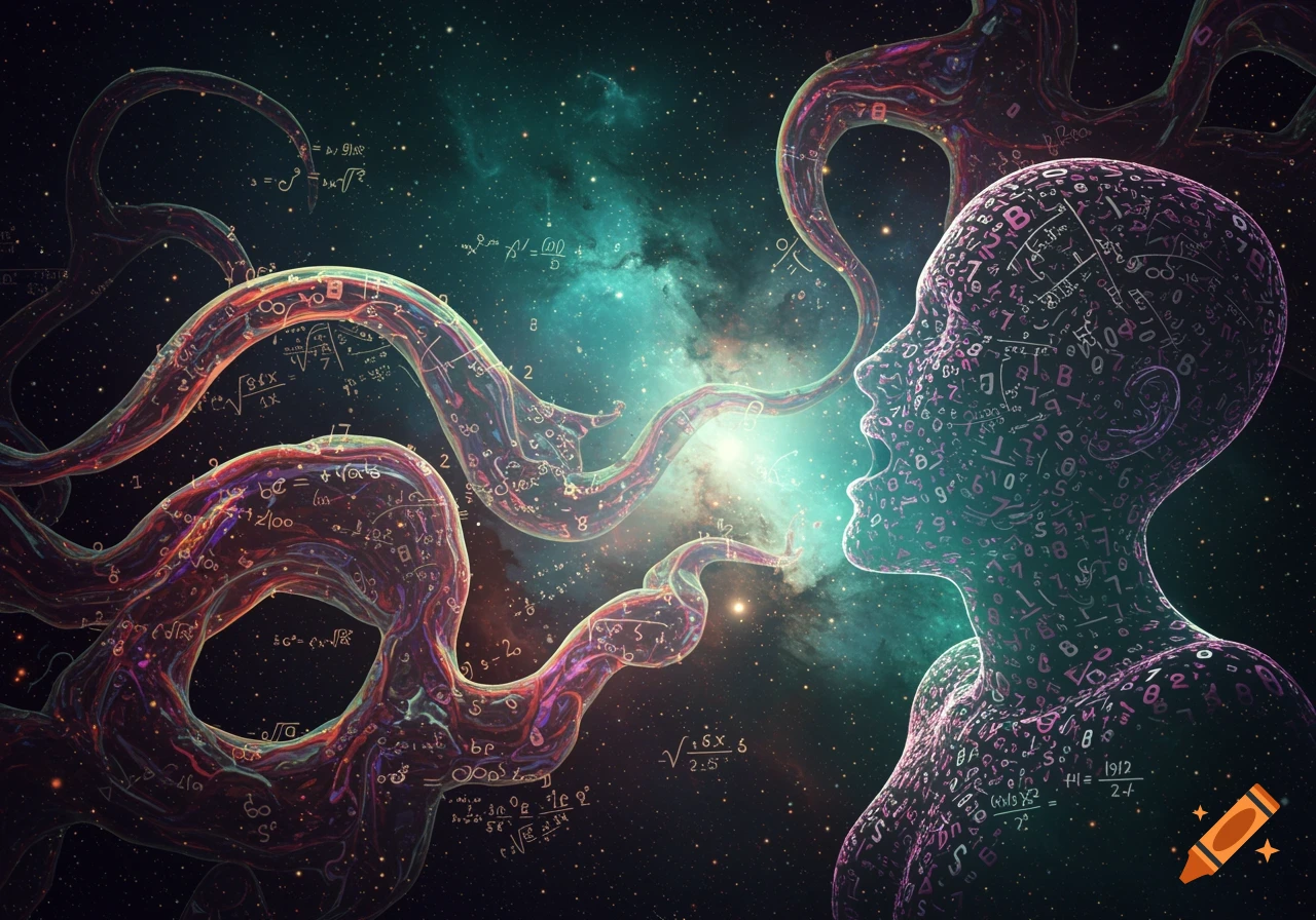 A glowing human head made of numbers and mathematical symbols shouts streams of equations into a cosmic void.