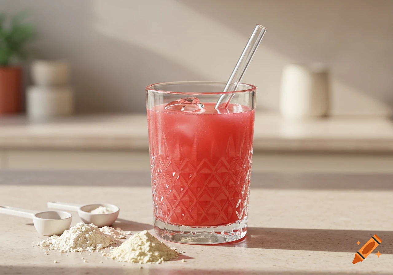 A clear glass tumbler with a pink drink, ice, and a glass straw, next to piles of white and off-white powder on a light countertop.