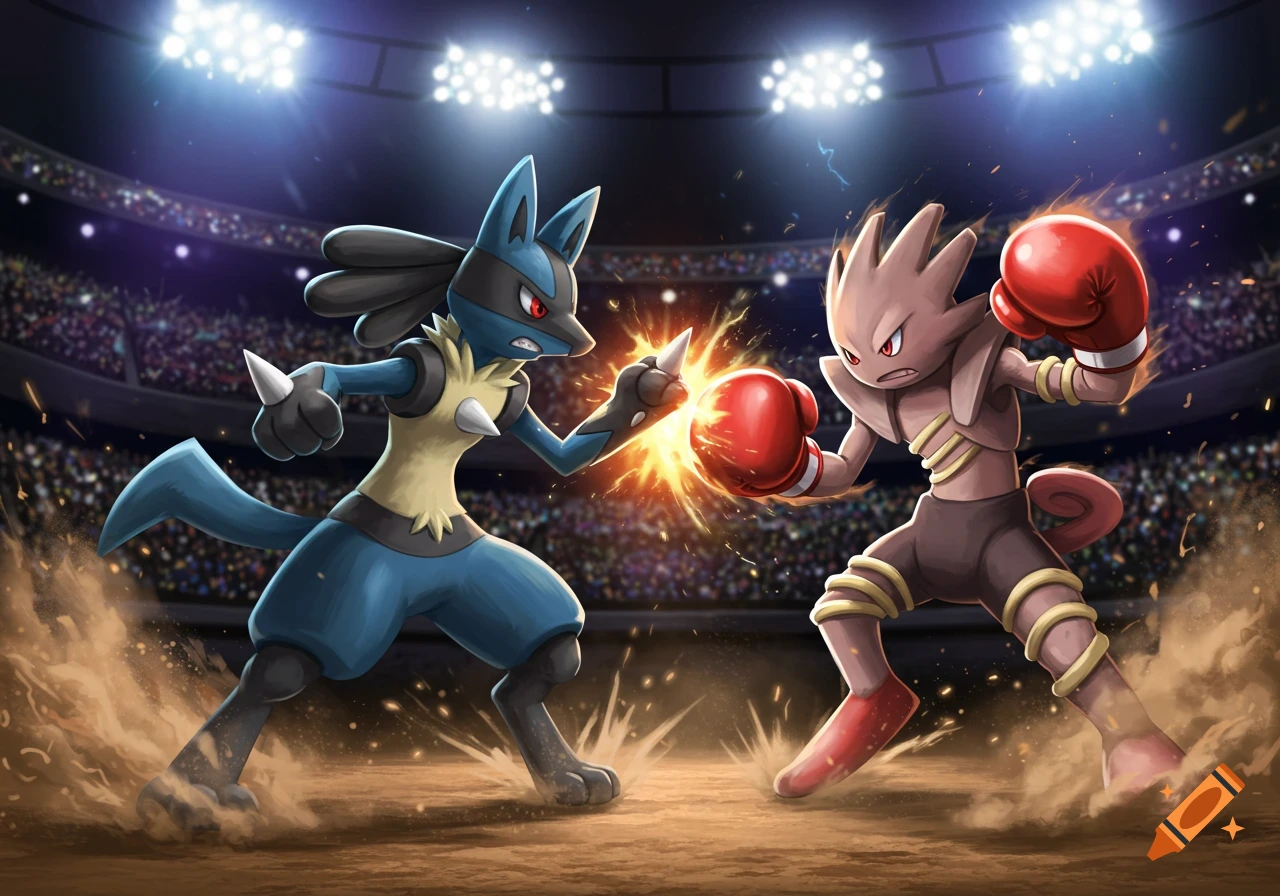 Lucario and Hitmonchan battling in a brightly lit boxing stadium with an audience in a stylized anime art style.