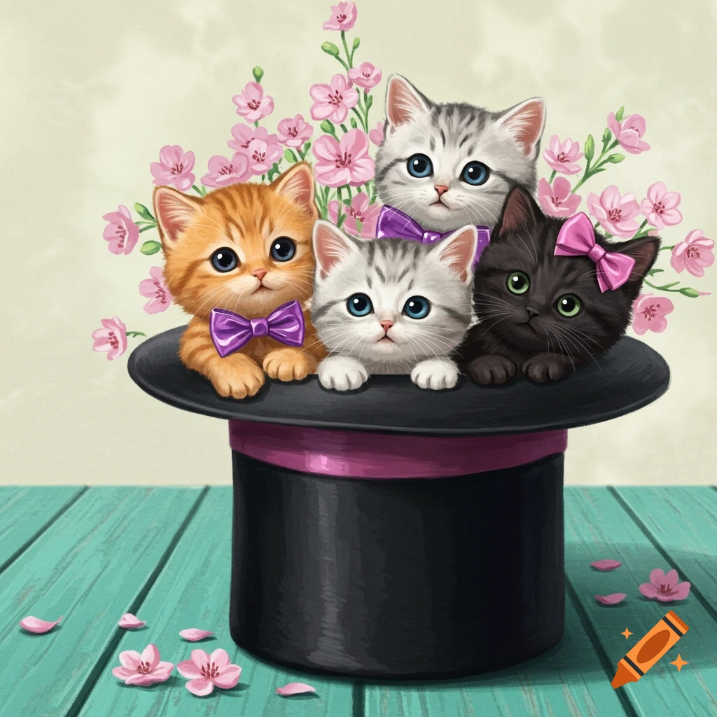 Four colorful kittens, with bows, peek from a black top hat adorned with pink flowers, on a teal table.