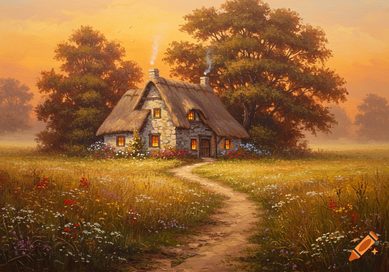 An impressionist painting of a cozy stone cottage with a thatched roof in a wildflower meadow at sunset, with a dirt path leading to it.