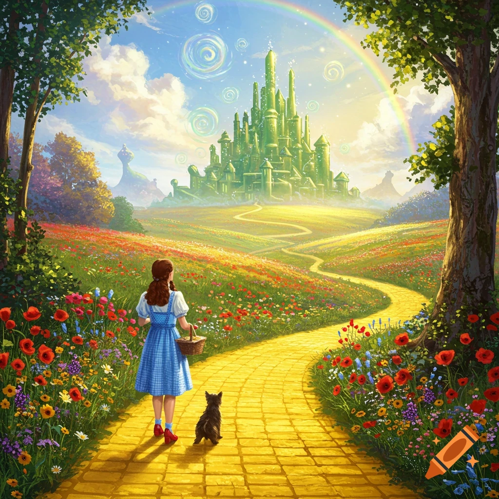 Dorothy and Toto walk along the yellow brick road towards a green castle under a rainbow in a vibrant, flowery landscape.