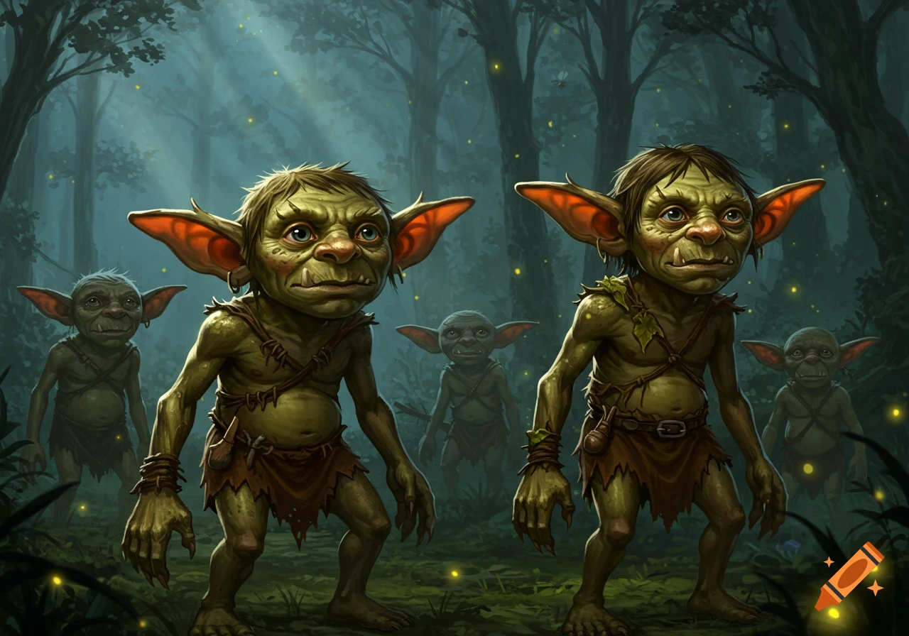 Several green goblins with large ears and wide noses stand in a dark, glowing forest, in a fantasy art style.