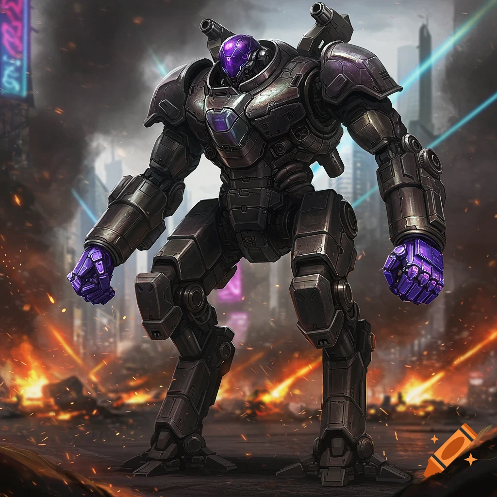 A large, dark grey futuristic combat mech with purple head and fists stands amidst a burning, ruined city under a dark sky.
