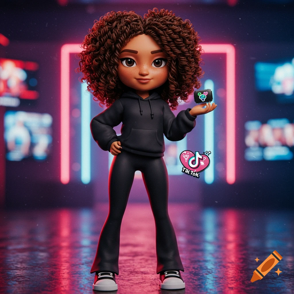 A 3D rendered stylized young woman in black hoodie and flare leggings, with curly brown hair, holding a small object in a neon-lit room with a TikTok logo.