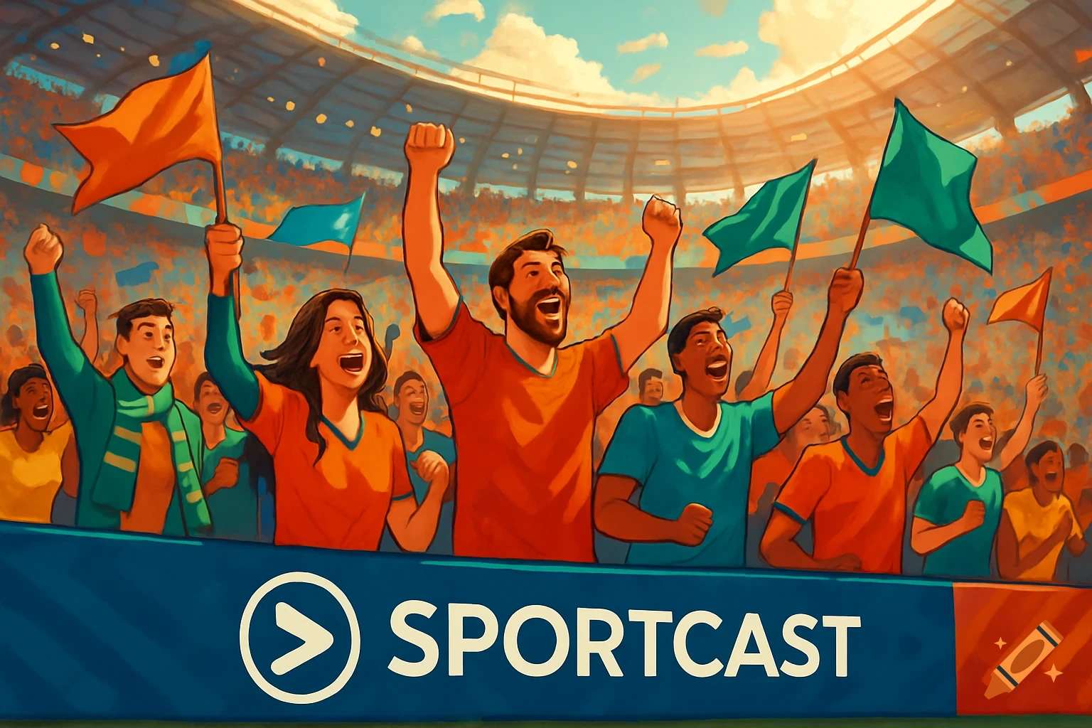 Cheering sports fans with flags in a stadium, with a "SPORTCAST" banner, in an illustration style.