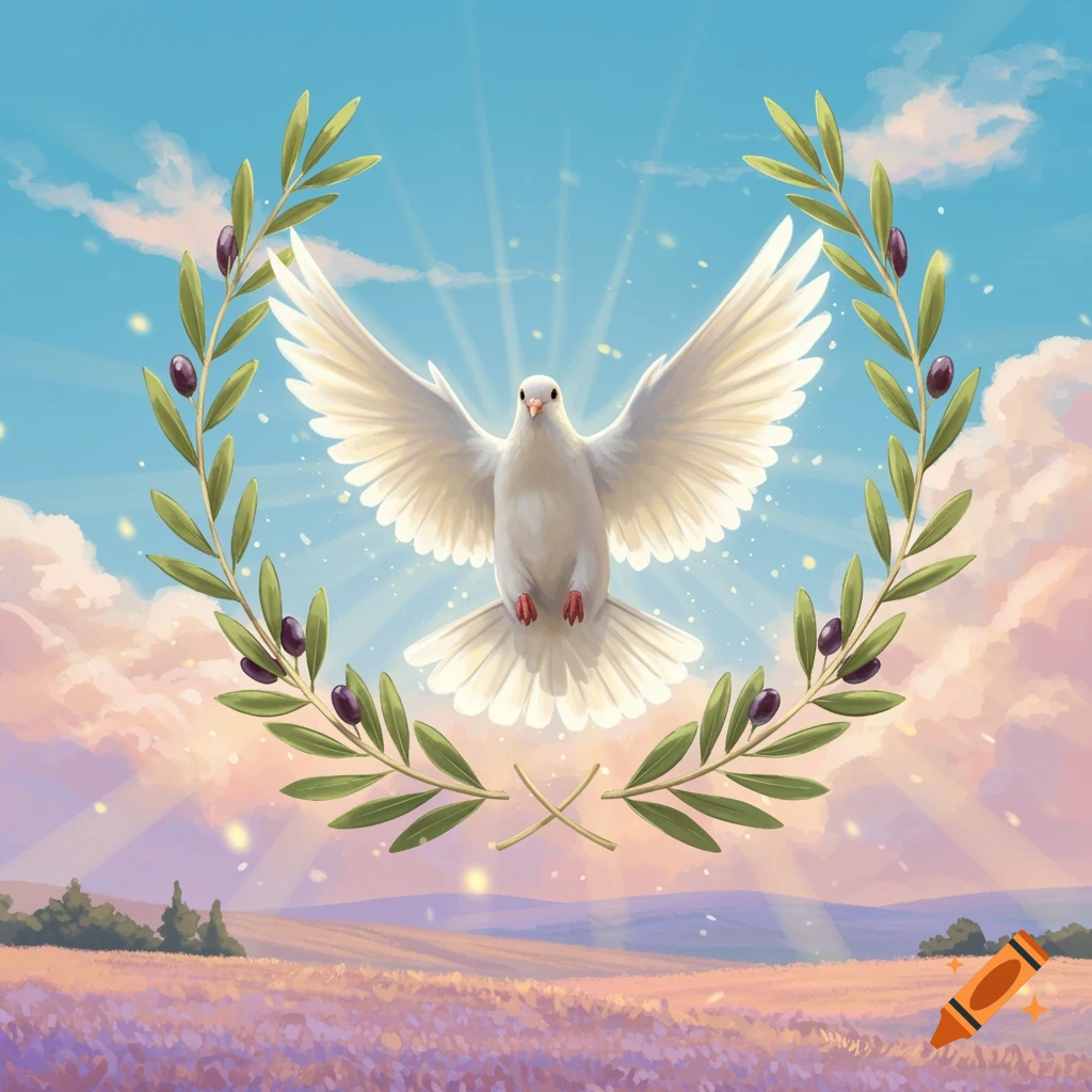 A white dove with outstretched wings flies within a wreath of olive branches against a peaceful sky over a field, illustration.
