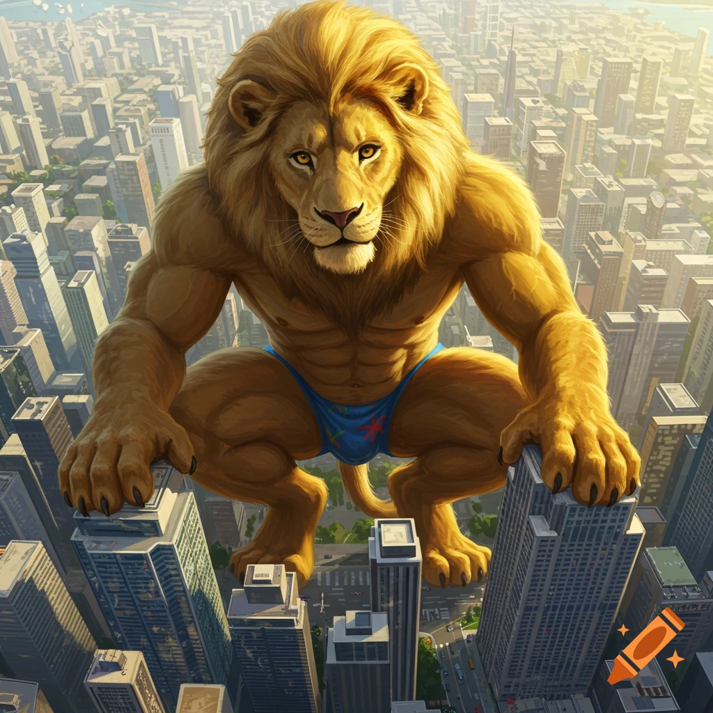 A gigantic photorealistic anthropomorphic lion wearing a blue speedo squats over a sprawling city, looking down.