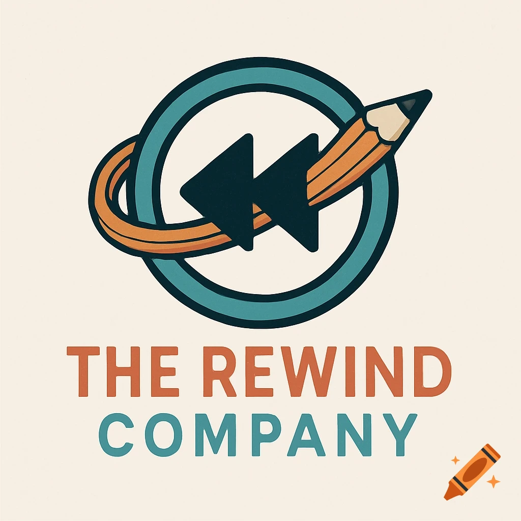 A band logo for The Rewind Company, featuring a circular rewind symbol and an orange pencil flying around it.