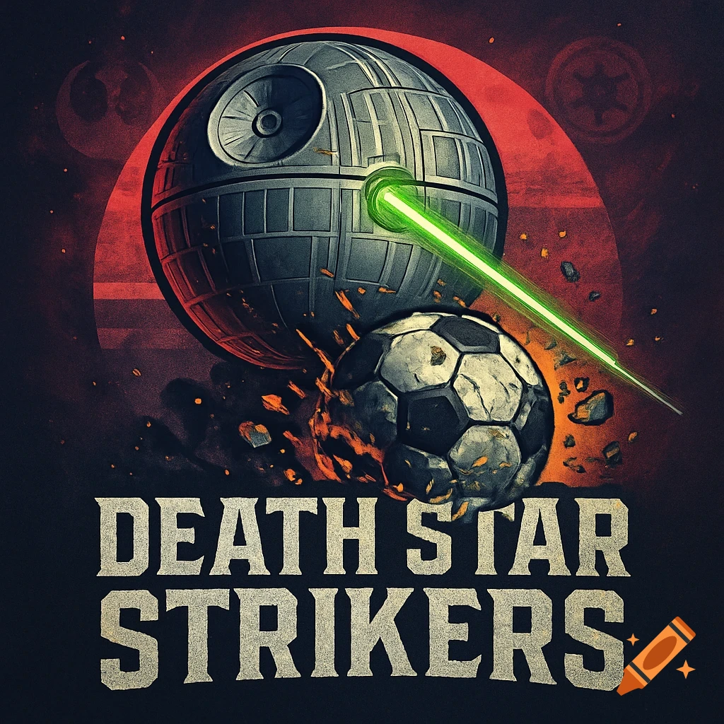 Stylized poster of the Death Star firing a green laser at a soccer ball, with the text 'DEATH STAR STRIKERS' below.