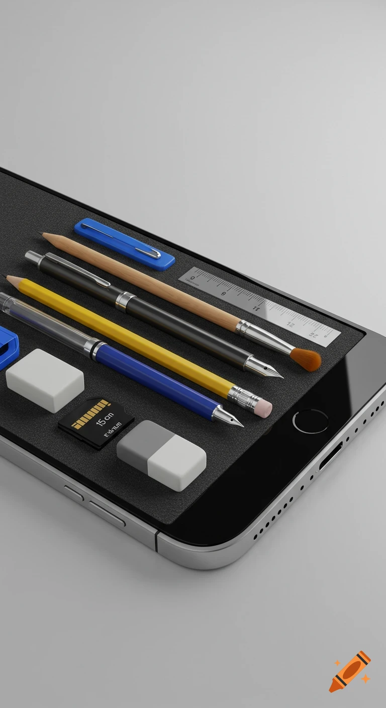 A high-resolution 3D render of an open pencil case designed to look like a silver iPhone, revealing pens, pencils, a ruler, an eraser, and an SD card inside. Soft lighting illuminates the detailed stationery.