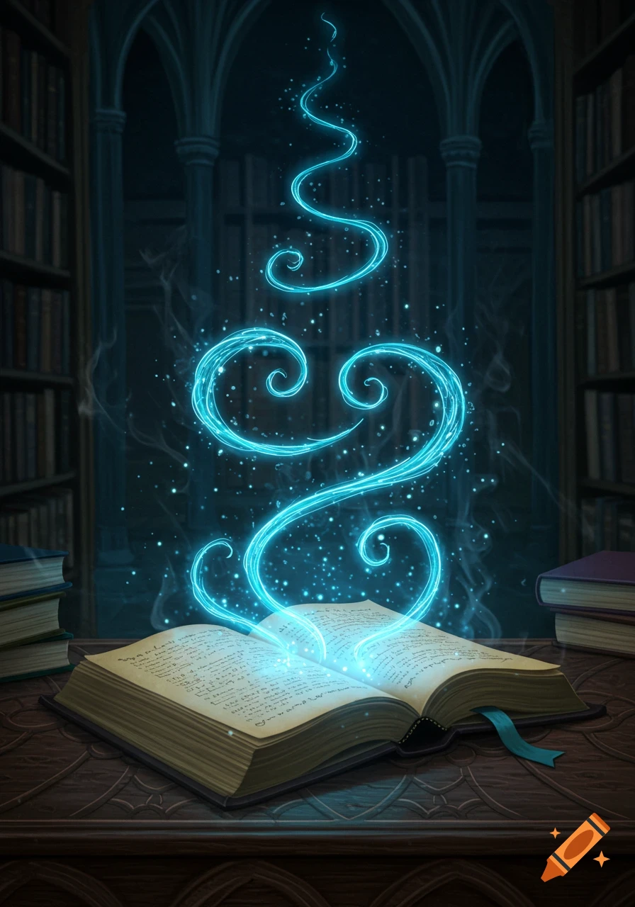 An open book on a wooden table in a dimly lit library, glowing with swirling blue magic and light particles emanating upwards.