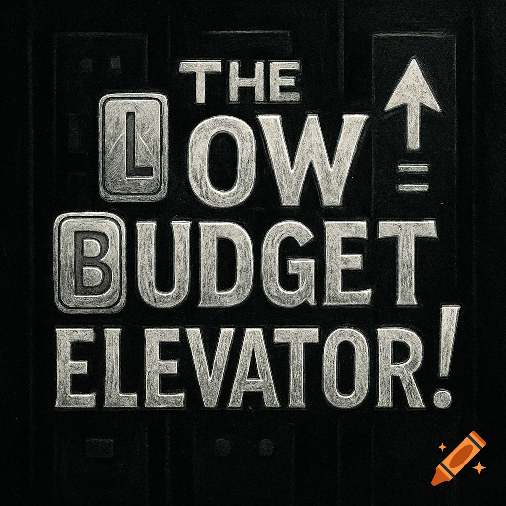 Stylized metallic-looking text on a black background reading 'THE LOW BUDGET ELEVATOR!' with an upward arrow for an exclamation mark.