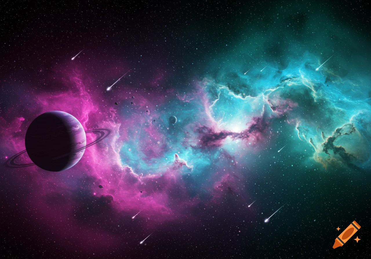 A vibrant outer space scene featuring a purple ringed planet, pink and blue nebulae, and shooting stars against a starry backdrop.