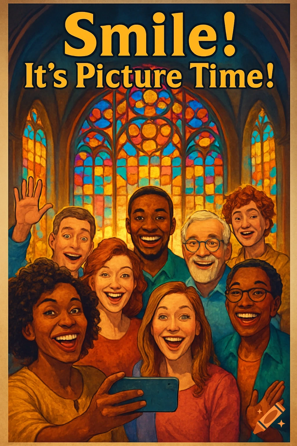 An illustration of a diverse group of smiling people taking a selfie in front of colorful stained glass windows.