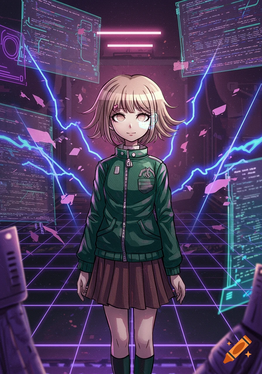 Anime character in a green jacket and brown skirt standing in a purple cyberpunk room with glowing screens and neon lines.