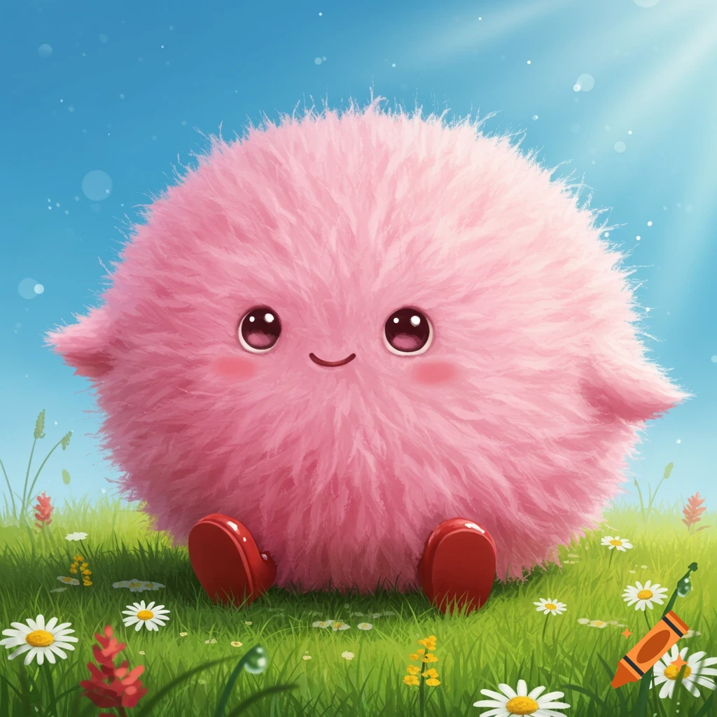 Cute pink fluffy puffball with red shoes sitting in a sunny green field with flowers.