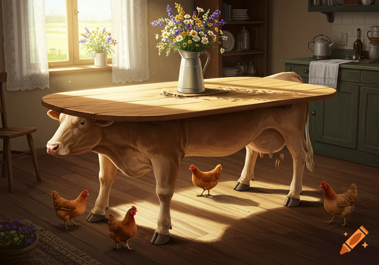A surreal image of a cow with a wooden table top for its back, standing in a sunny kitchen with chickens.